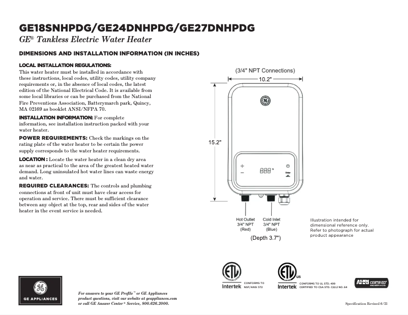 Page n°1 - Fiche technique GE GE27DNHPDG
