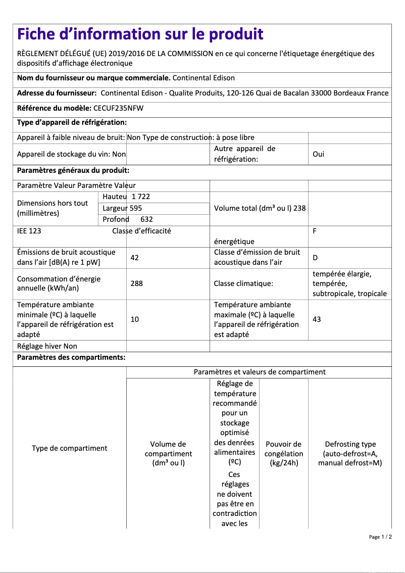 Page 1 of the manual Energy Label Continental Edison CECUF235NFW