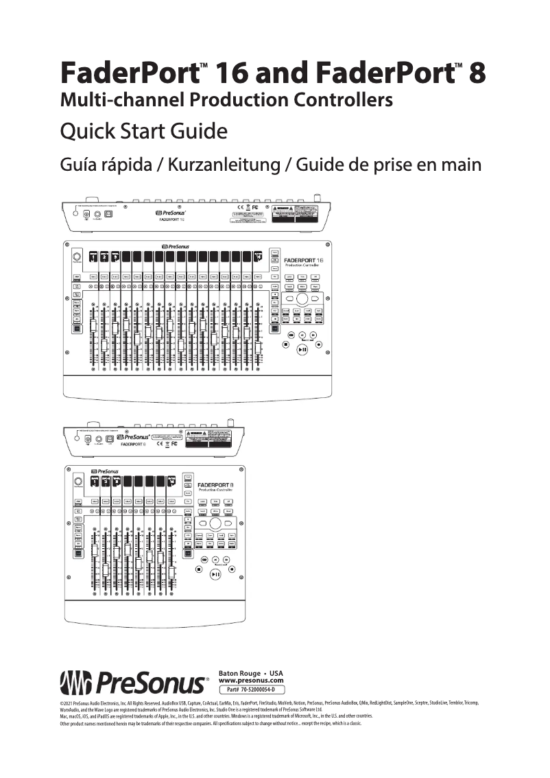 Page 1 de la notice Guide de démarrage rapide PreSonus Faderport 8