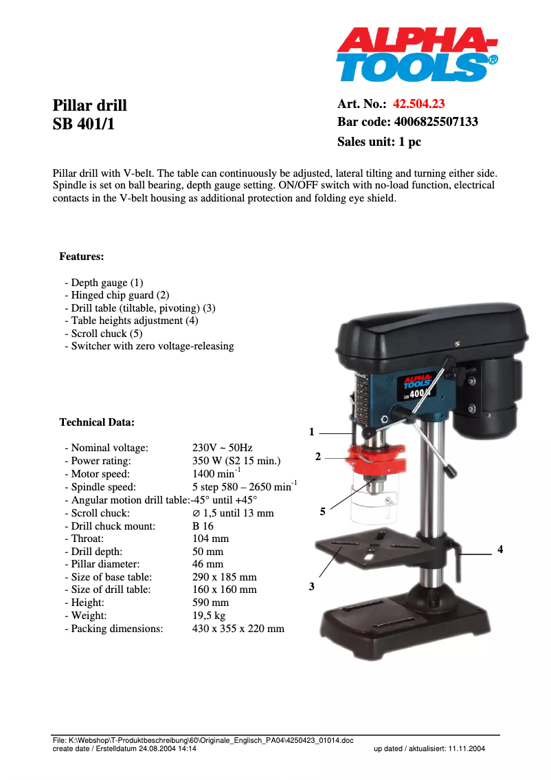 Page 1 de la notice Manuel utilisateur Alpha Tools SB 401/1