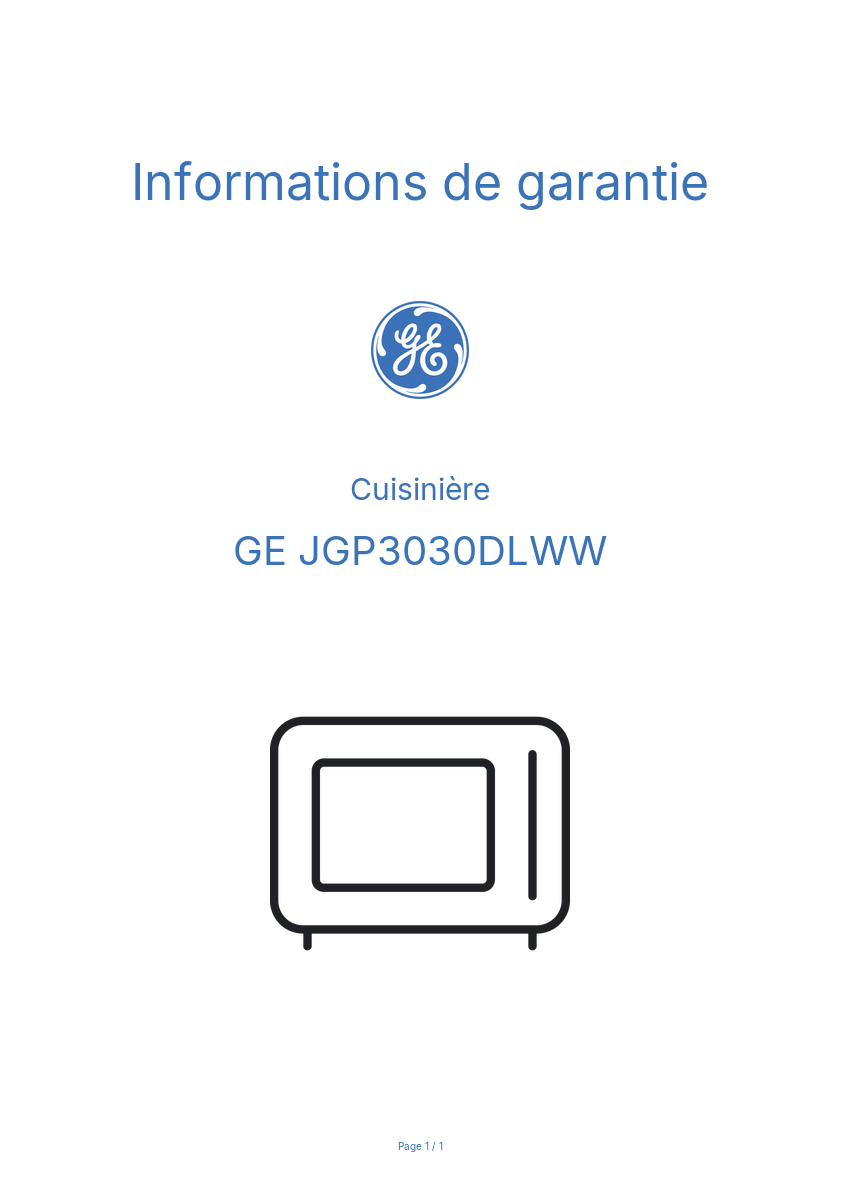 Page 1 de la notice Informations de garantie GE JGP3030DLWW