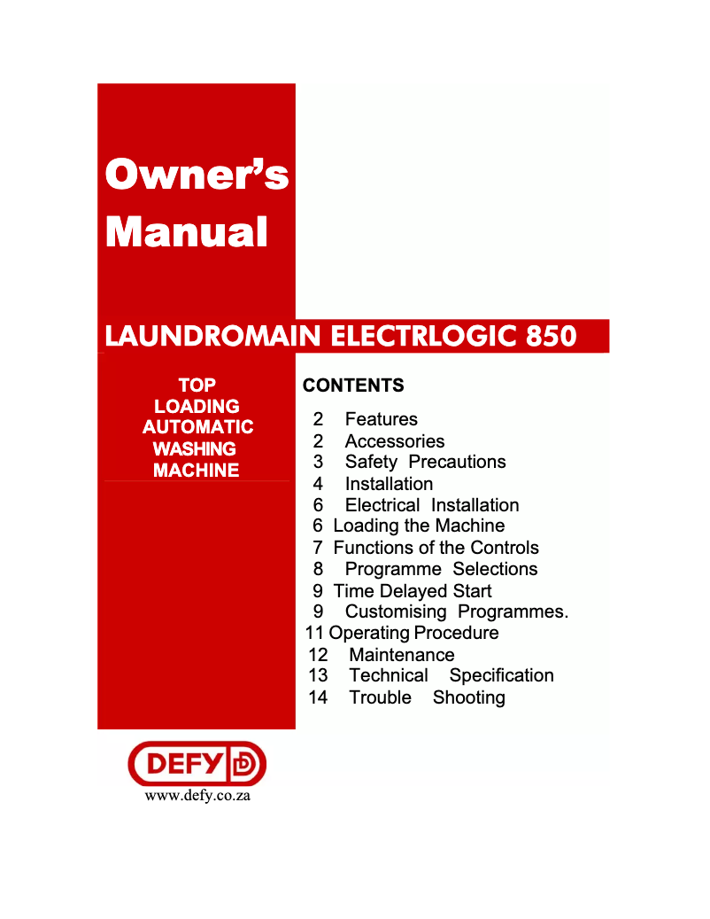 Page 1 de la notice Manuel utilisateur Defy Laundromaid Electrologic 850