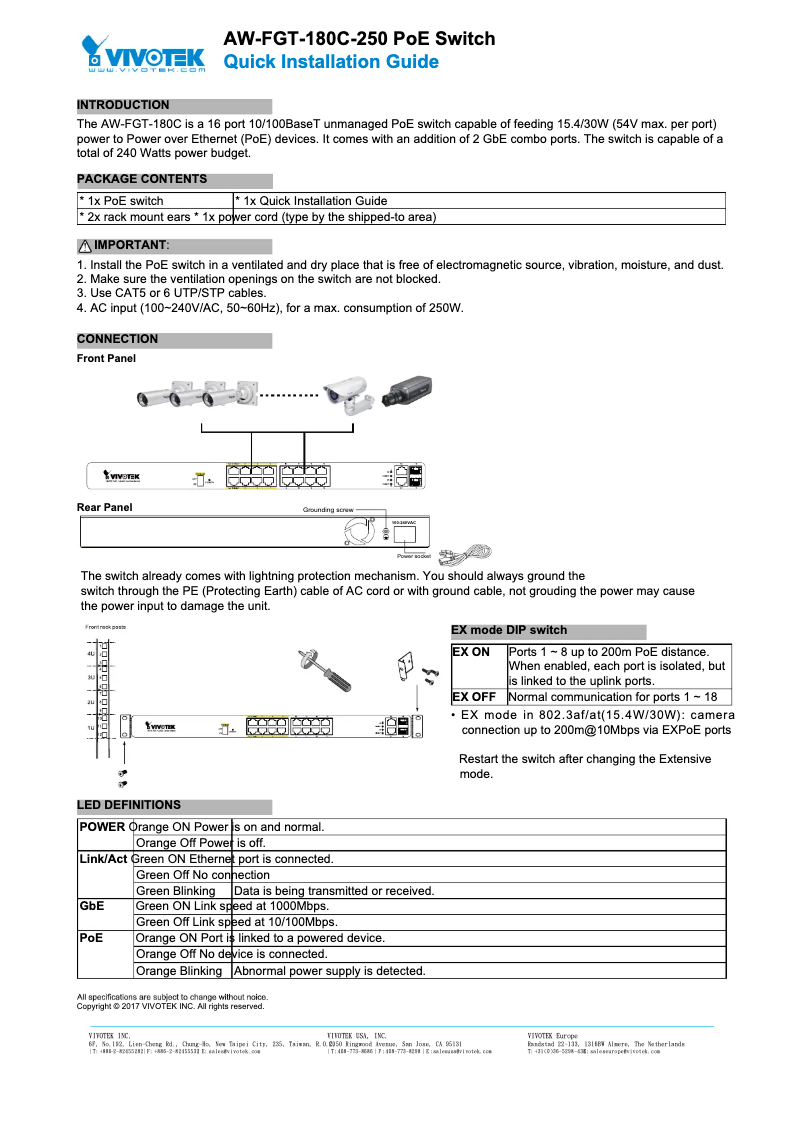 Page 1 de la notice Guide d'installation Vivotek AW-FGT-180F-250