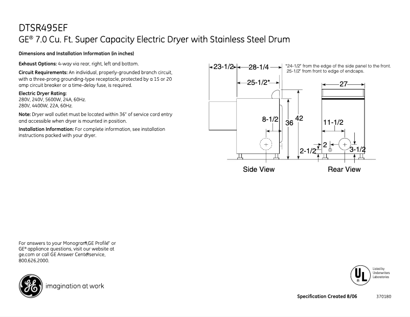 Página 1 del manual Ficha técnica GE DTSR495EFGG