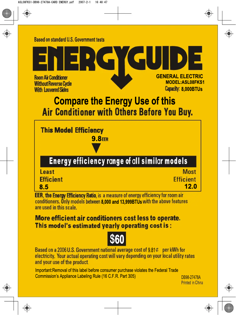 Página 1 del manual Etiqueta energética GE ASL08FK