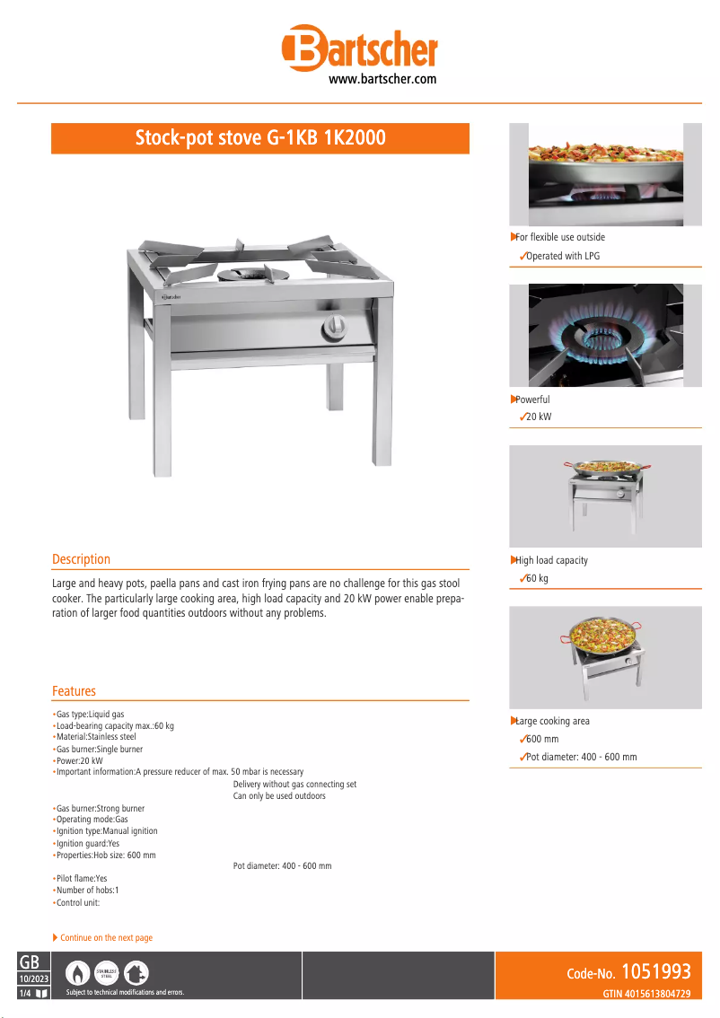 Page 1 de la notice Fiche technique Bartscher G-1KB 1K2000