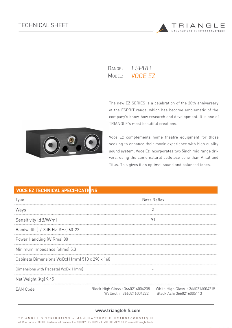 Page 1 de la notice Fiche technique Triangle Voce EZ