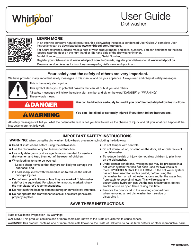 Page 1 de la notice Manuel utilisateur Whirlpool WDT710PAHZ