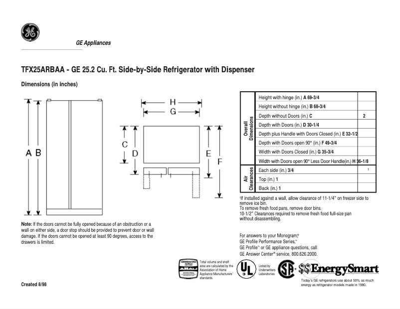 Page n°1 - Fiche technique GE TFX25ARBAA