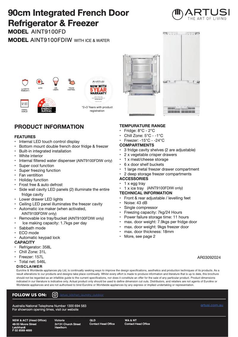 Page 1 of the manual Technical Sheet Artusi AINT9100FD