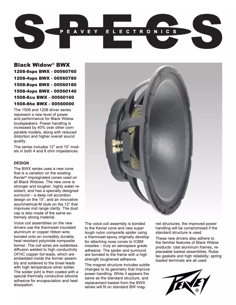 Page 1 de la notice Fiche technique Peavey 1208-8 SPS BWX RB