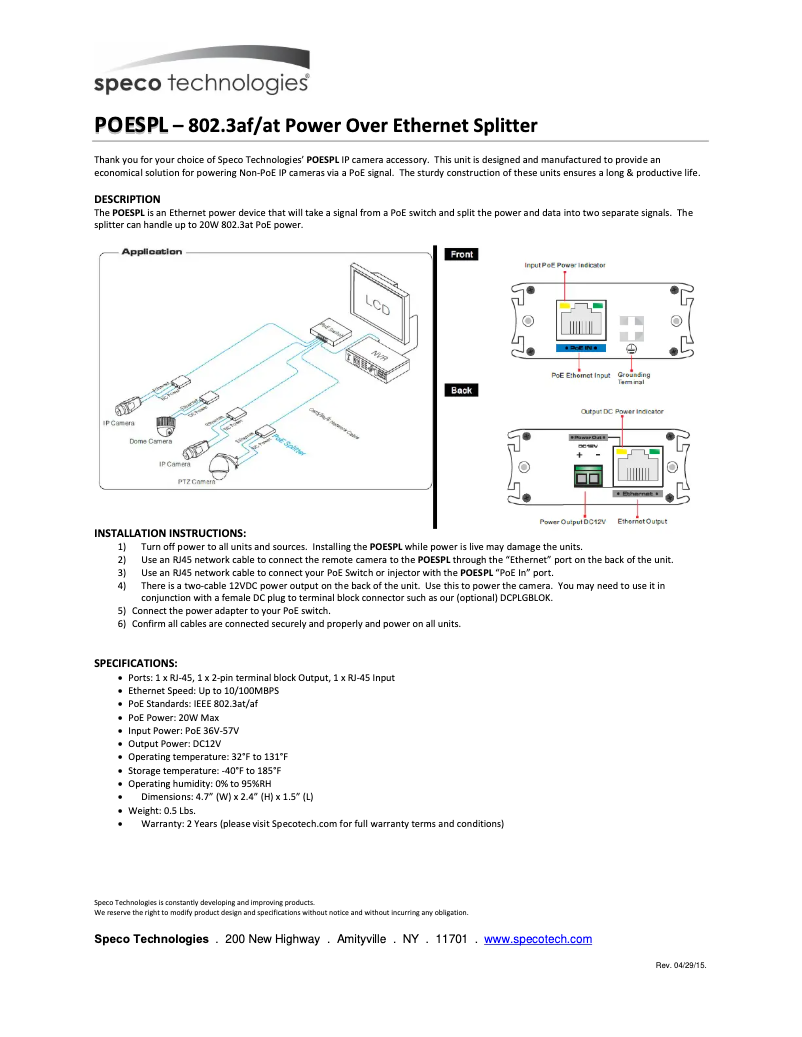 Page 1 de la notice Manuel utilisateur Speco Technologies POESPL