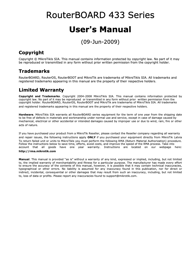 Page 1 de la notice Manuel utilisateur Mikrotik RB433AH