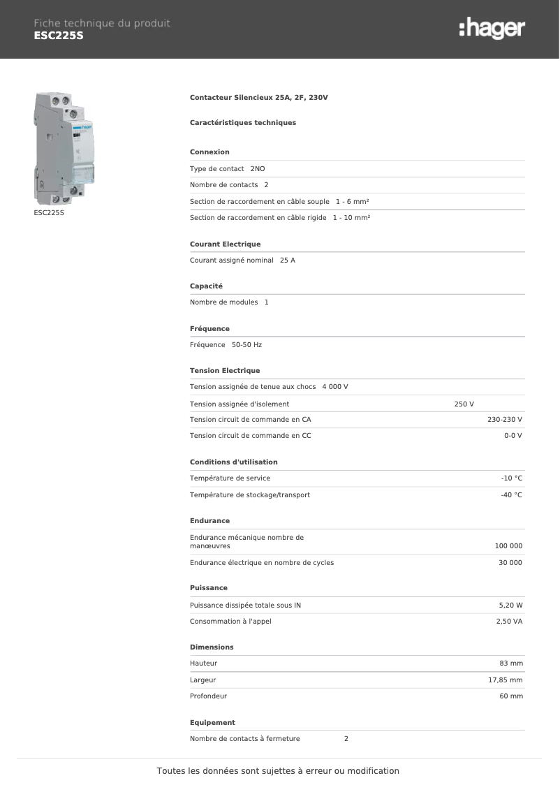 Page 1 de la notice Fiche technique Hager ESC225S