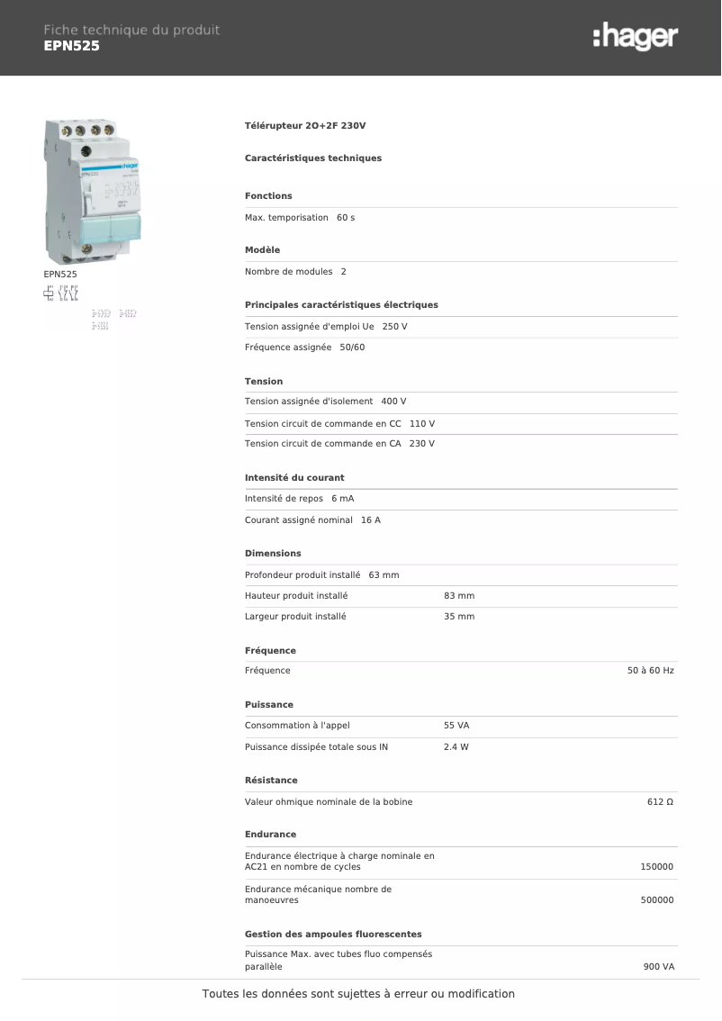 Page 1 de la notice Fiche technique Hager EPN525