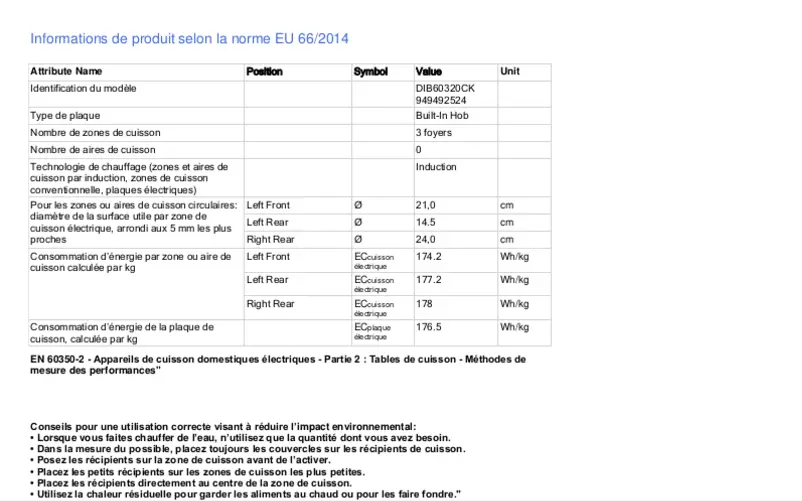 Page 1 de la notice Fiche technique Electrolux DIB60320CK
