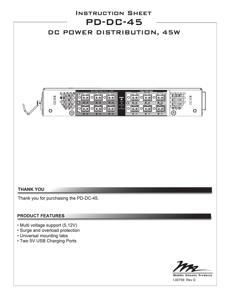 Page 1 de la notice Manuel utilisateur Middle Atlantic PD-DC-45