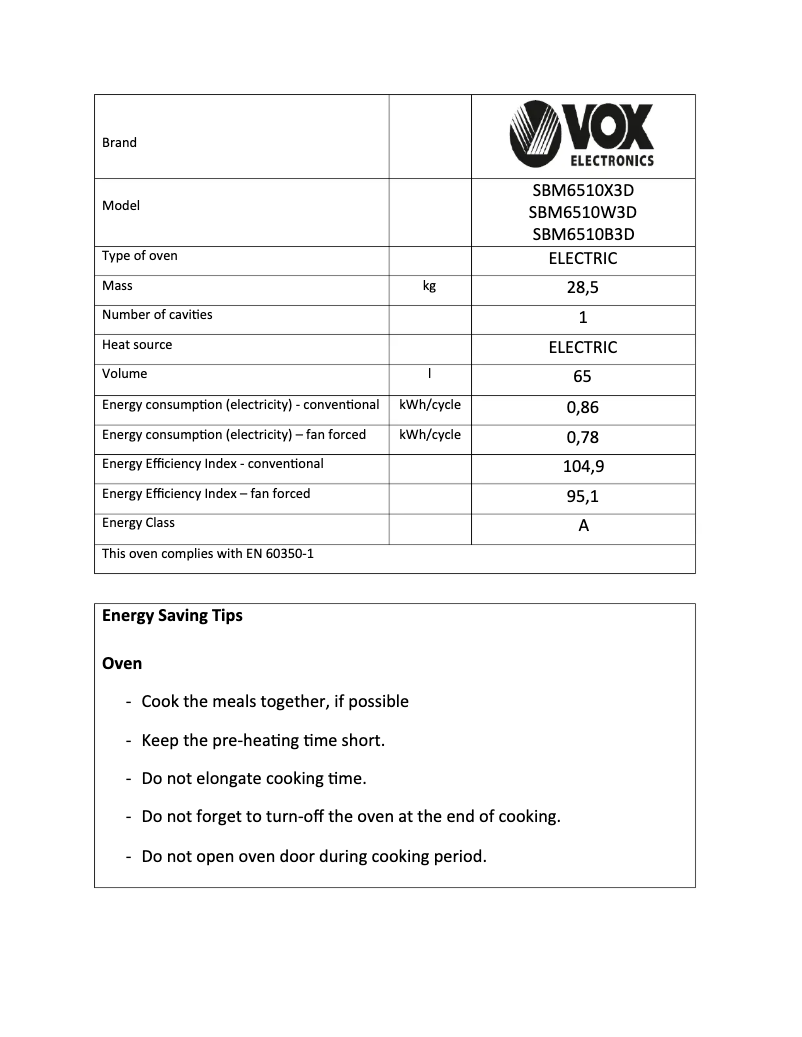 Page 1 de la notice Fiche technique VOX SBM6510B3D