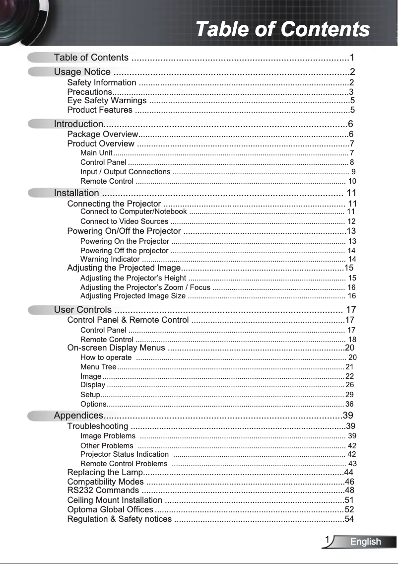 Page 1 de la notice Manuel utilisateur Optoma PRO150S