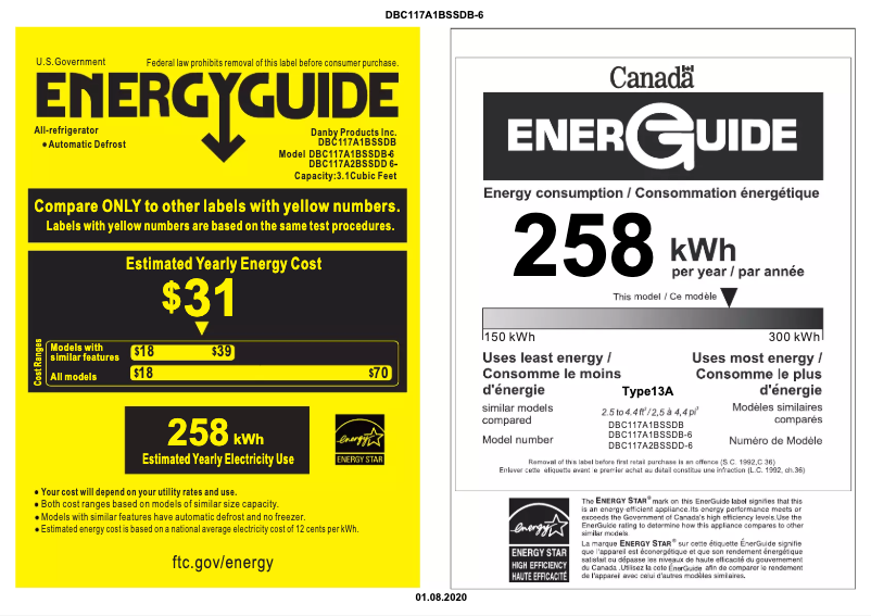 Page 1 de la notice Label énergétique Danby DBC117A1BSSDB-6