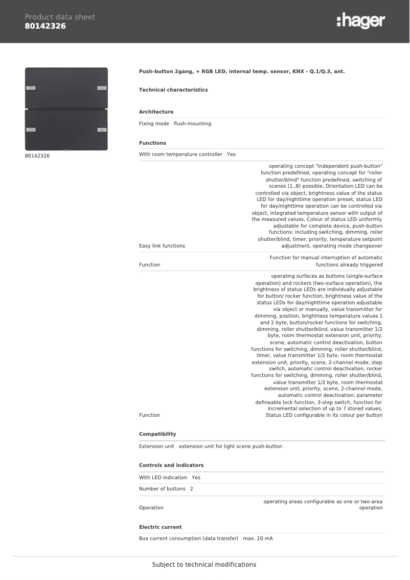 Page 1 de la notice Fiche technique Berker 80142326