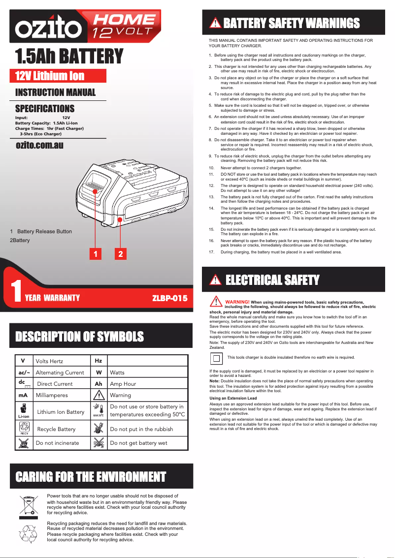 Page 1 of the manual User Manual Ozito ZLBP-015