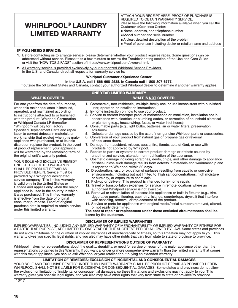 Page 1 de la notice Informations de garantie Whirlpool WED6620HC