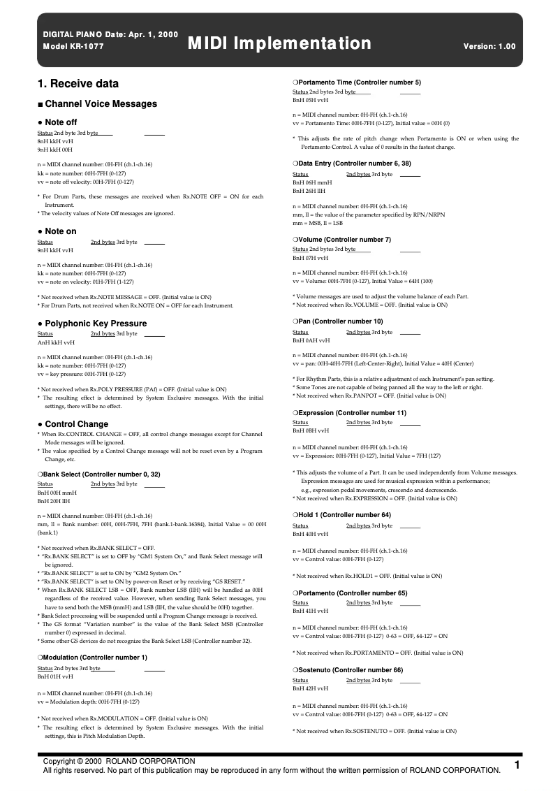 Page 1 de la notice Manuel utilisateur Roland KR-1077