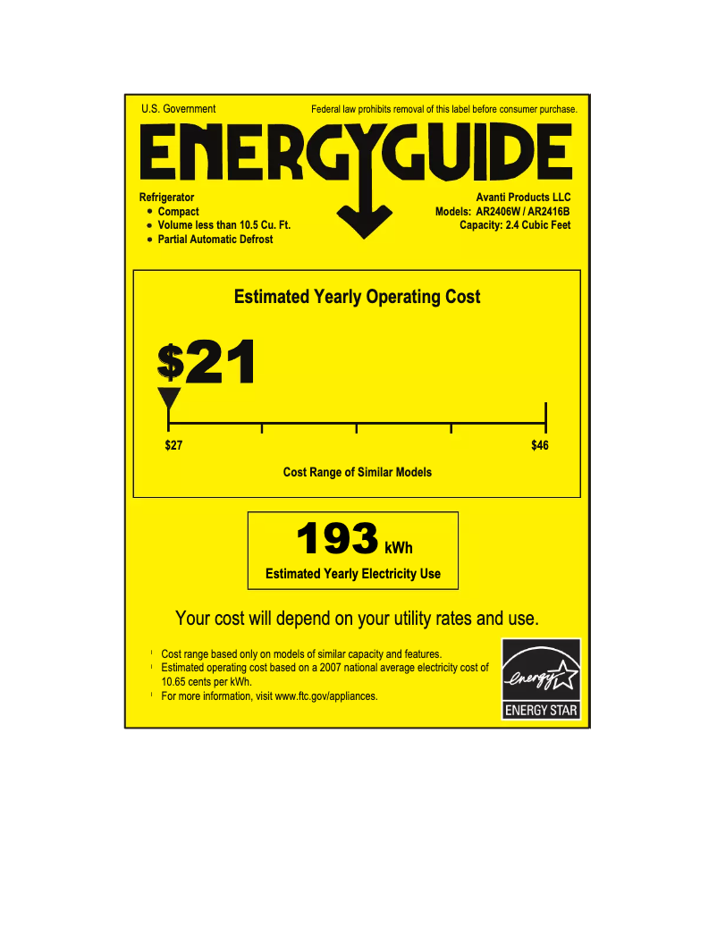 Page 1 de la notice Label énergétique Avanti CK3616