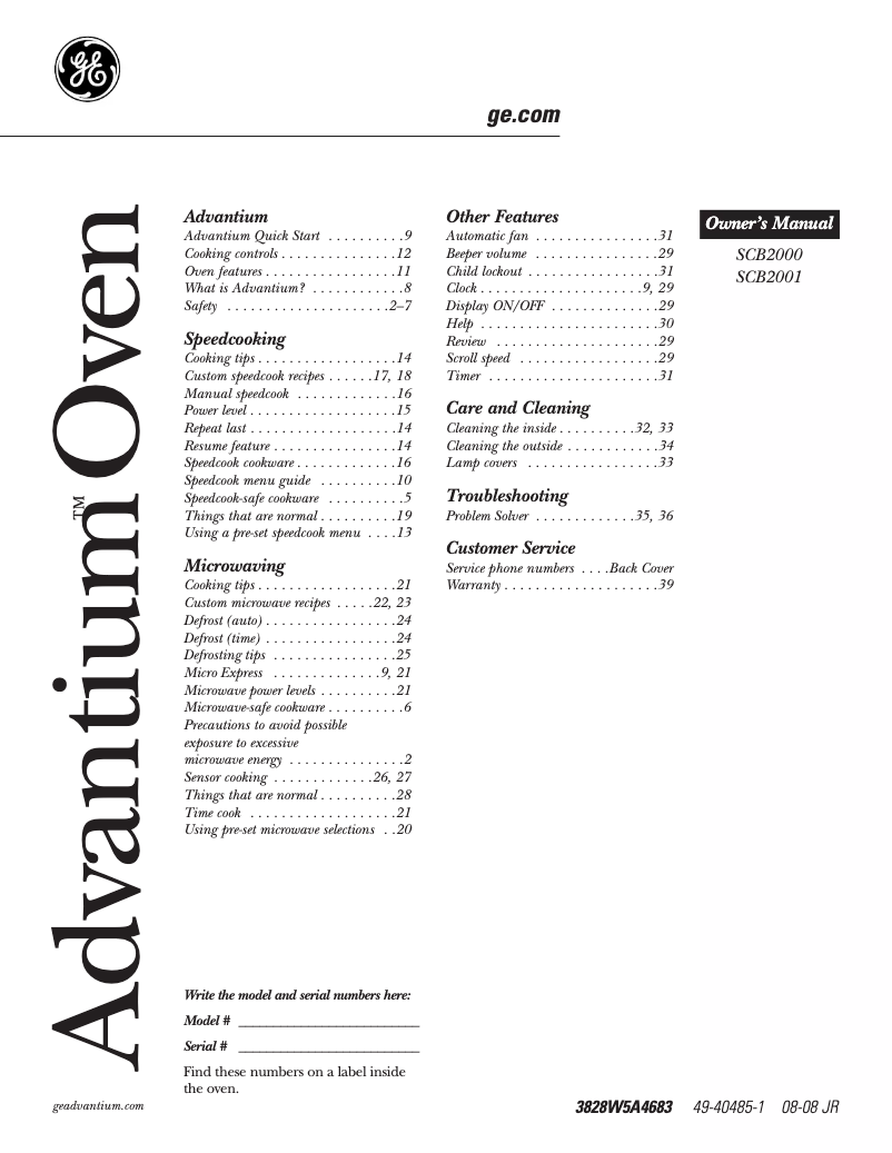 Page 1 de la notice Manuel d'utilisation et d'entretien Advantium SCB2001CSS