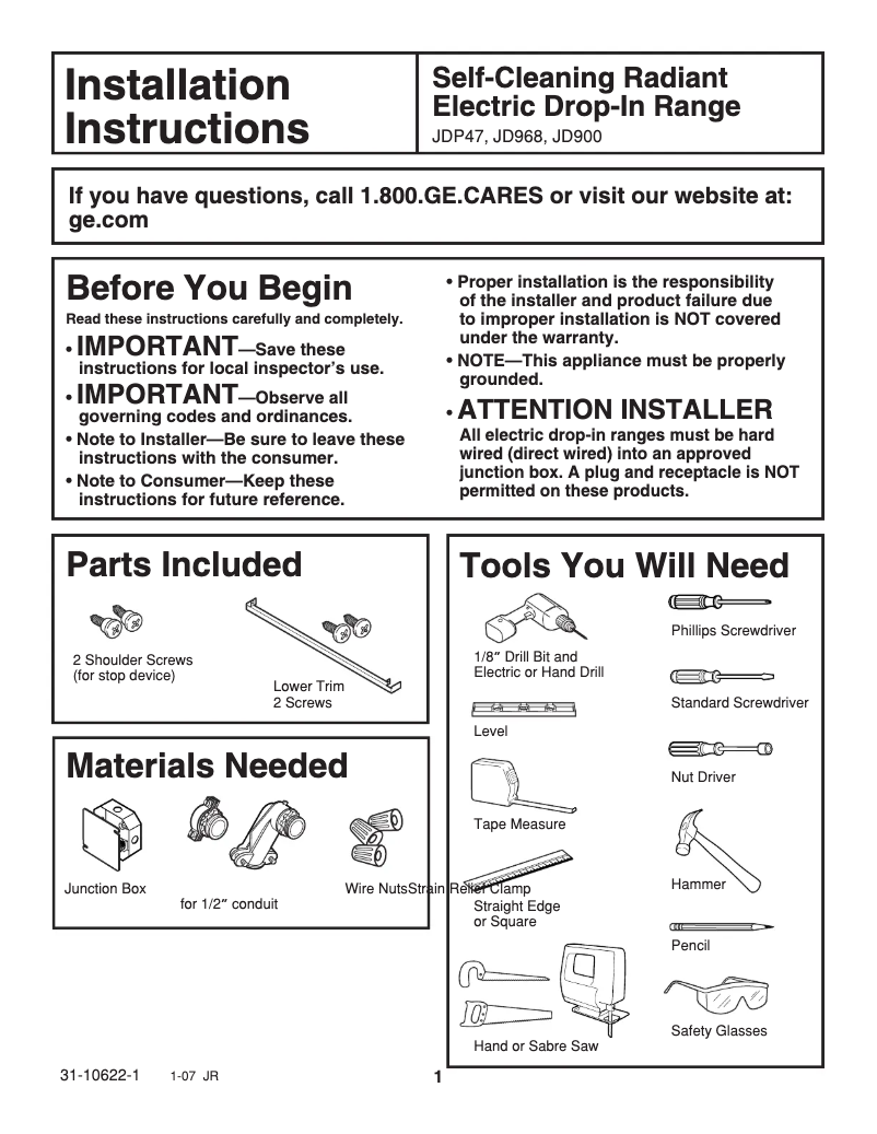 Page 1 of the manual Installation Guide GE Profile JDP47BFBB