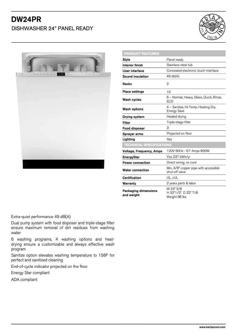 Page 1 de la notice Fiche technique Bertazzoni DW24PR