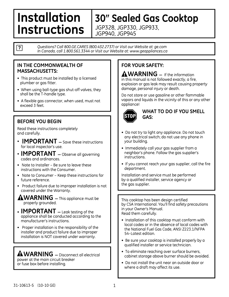 Página 1 del manual Guía de instalación GE Profile JGP945BEKBB