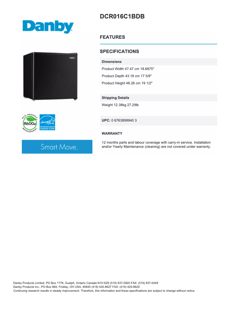 Page 1 de la notice Manuel utilisateur Danby DCR016C1