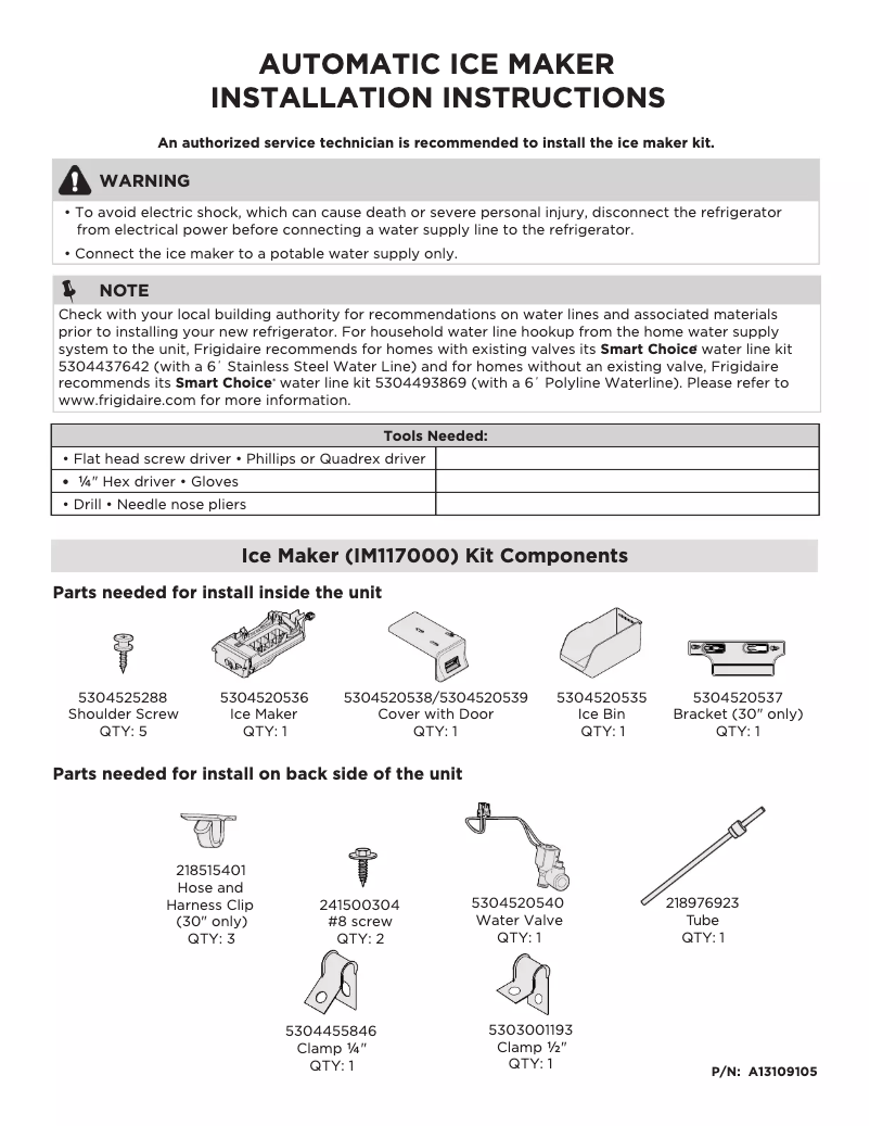 Page 1 de la notice Guide d'installation Frigidaire FFHT2045VW