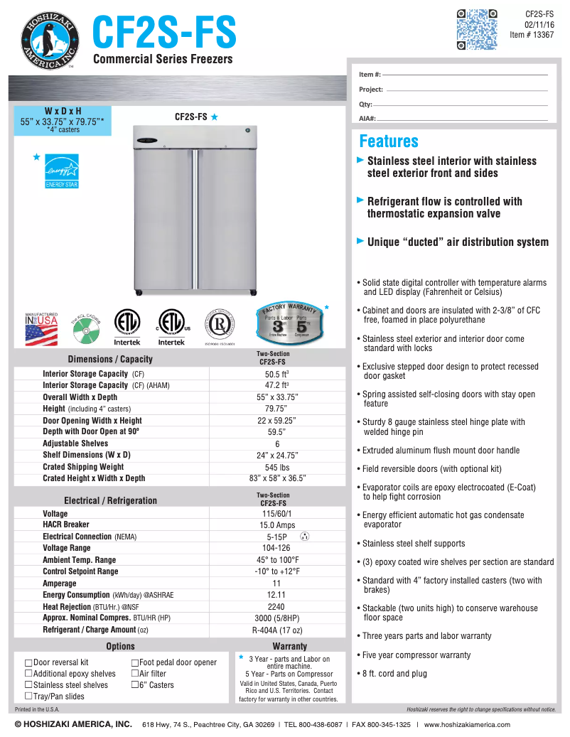 Page 1 de la notice Fiche technique Hoshizaki Commercial CF2S-FS