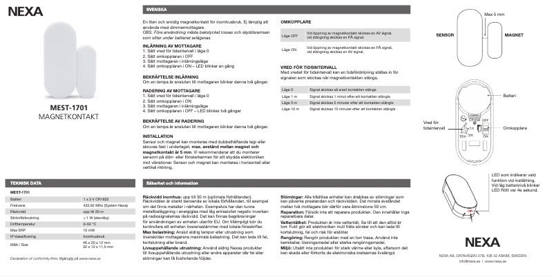Page 1 de la notice Manuel utilisateur Nexa MEST-1701