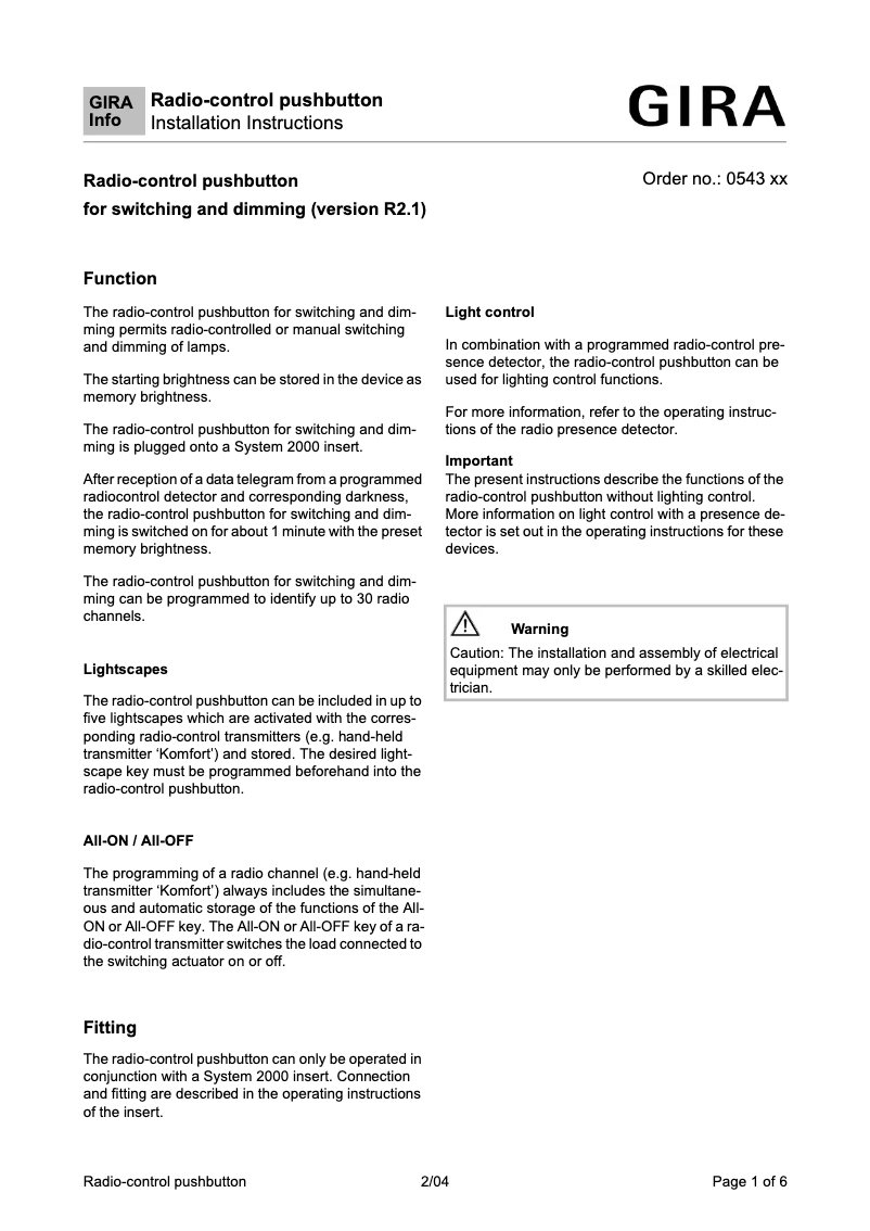 Page 1 de la notice Manuel utilisateur Gira 0543