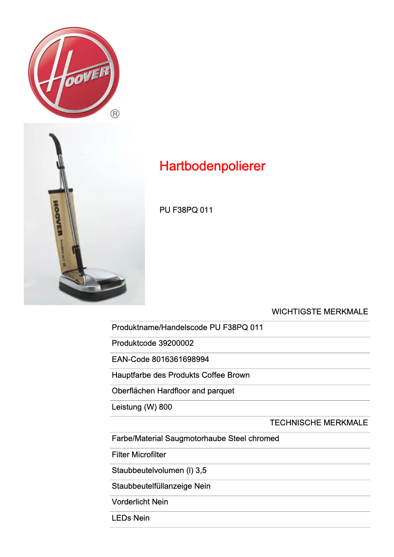 Página 1 del manual Ficha técnica Hoover PU F38PQ 011