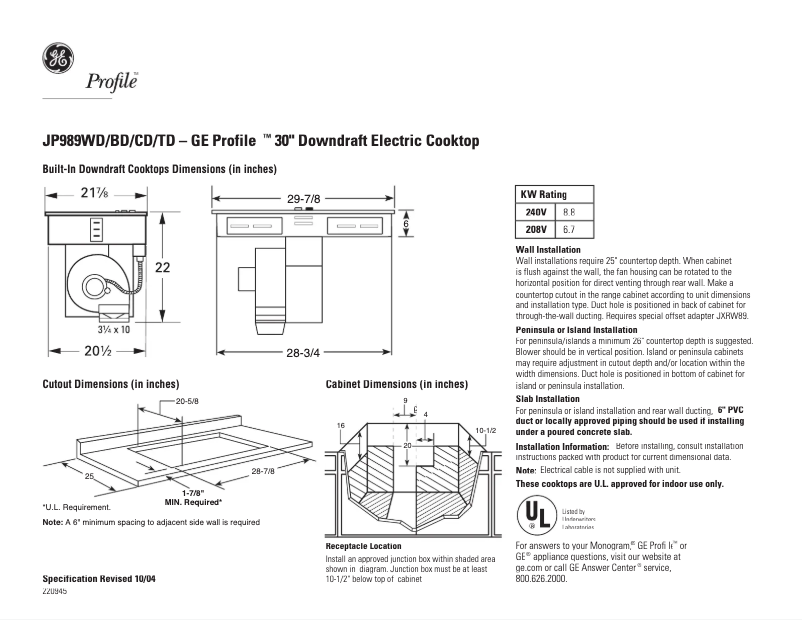 Page n°1 - Fiche technique GE Profile JP989TDWW