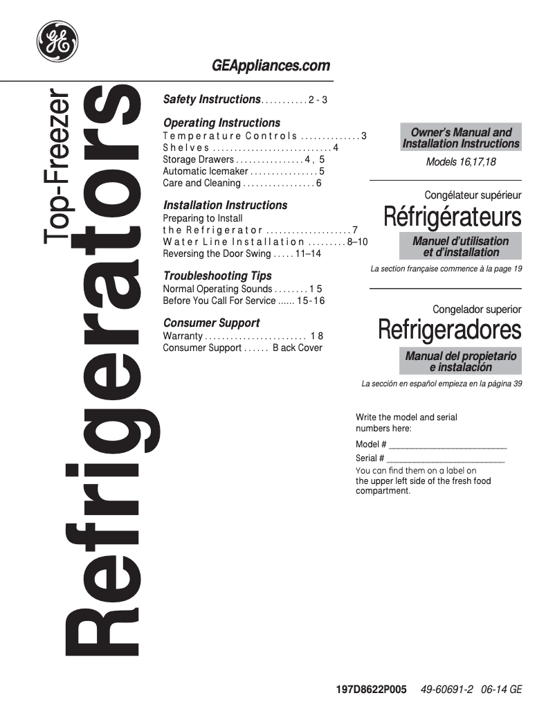 Page n°1 - Guide d'installation GE GTM18GBEES