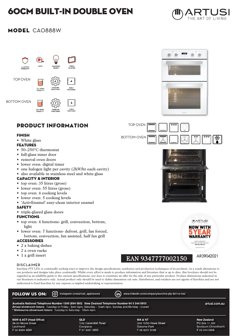 Page 1 de la notice Fiche technique Artusi CAO888W