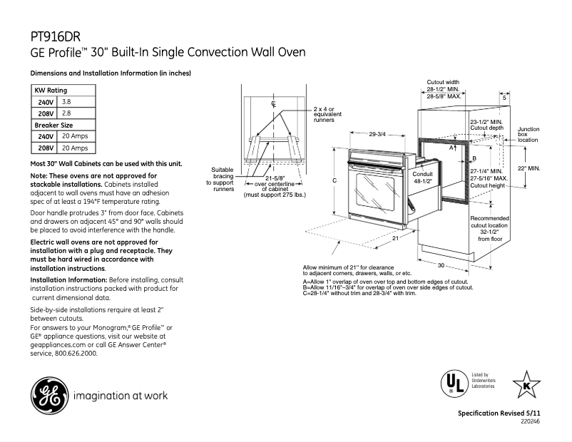 Page 1 of the manual Technical Sheet GE PT916DRBB