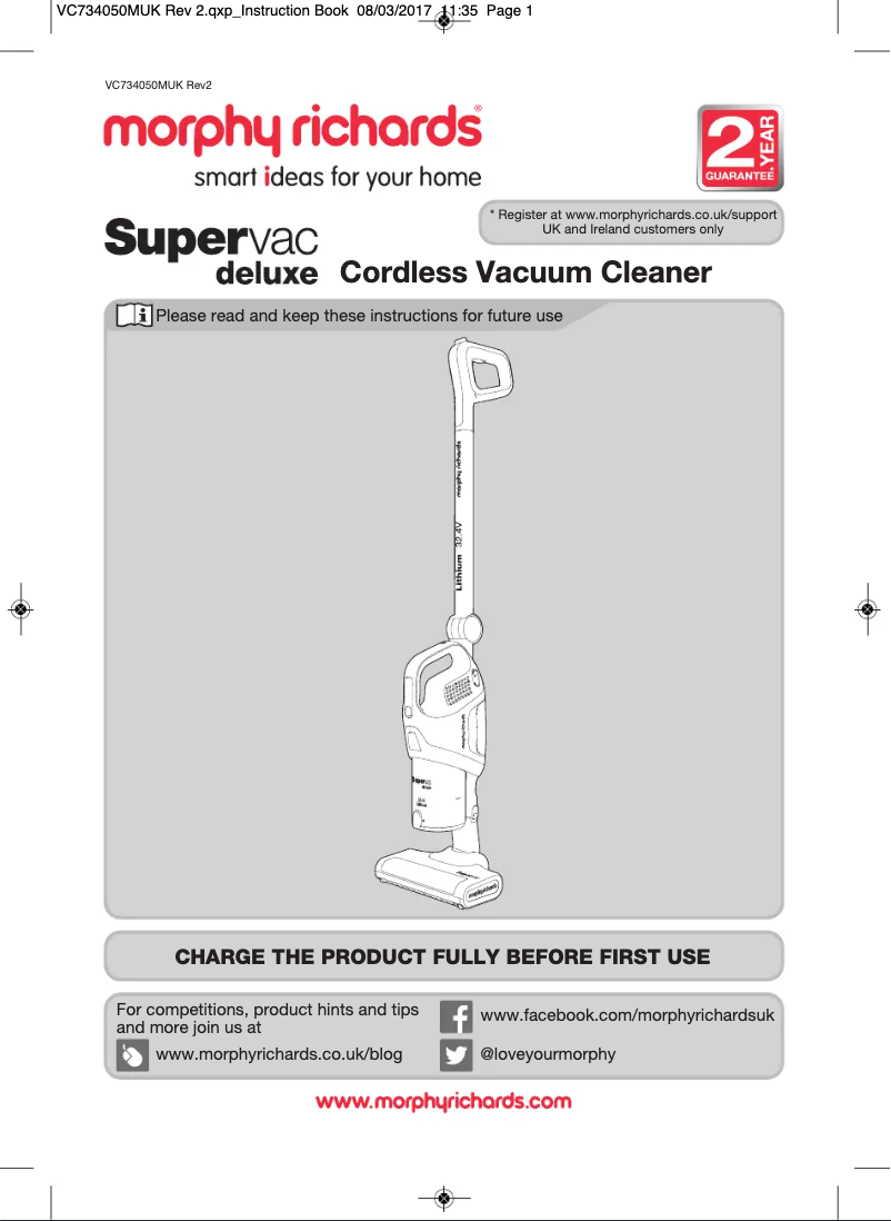 Page 1 de la notice Manuel utilisateur Morphy Richards Supervac Deluxe 3 734050