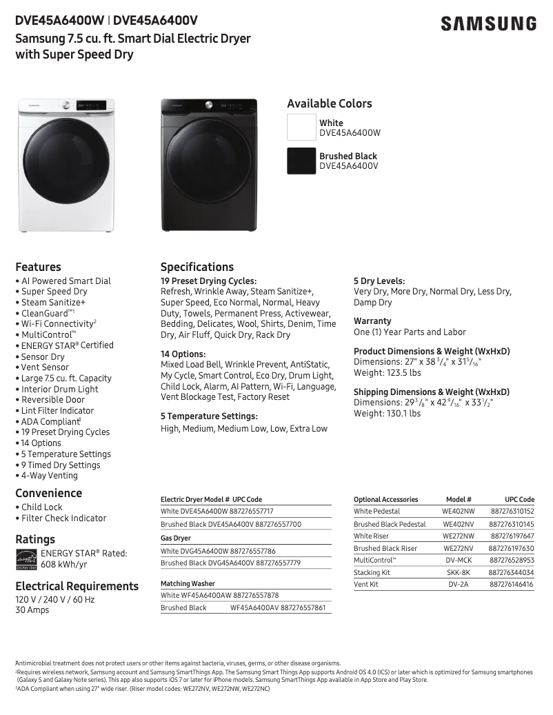 Página 1 del manual Ficha técnica Samsung DVE45A6400V