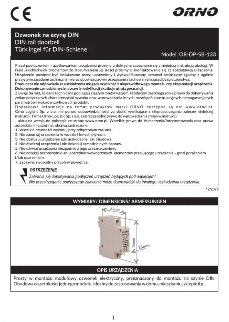 Page 1 de la notice Manuel utilisateur ORNO OR-DP-SB-133