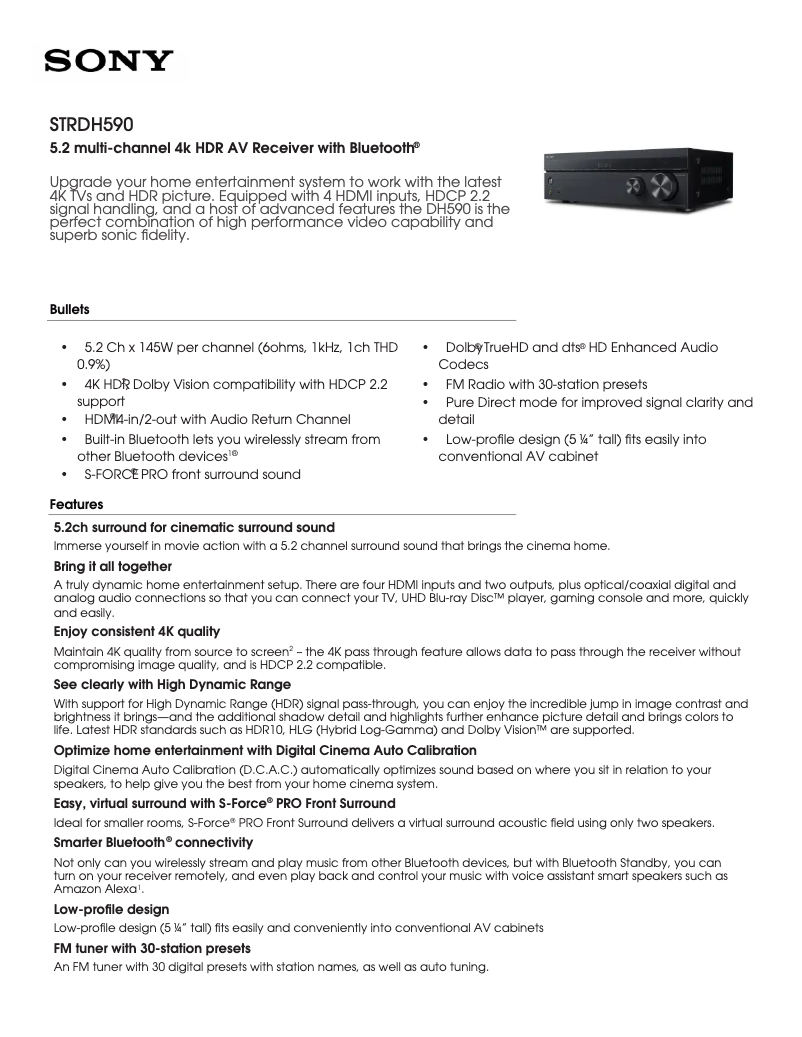 Page 1 de la notice Fiche technique Sony STR-DH590
