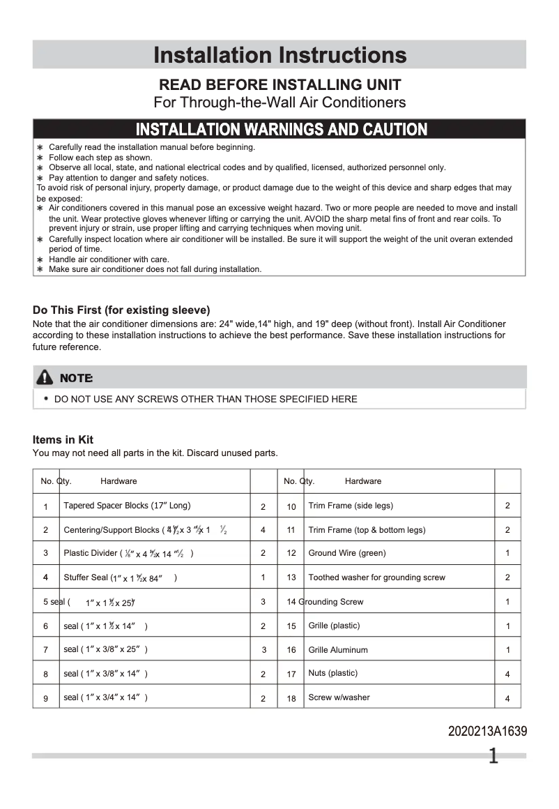 Página 1 del manual Guía de instalación Frigidaire FFTA1422Q2
