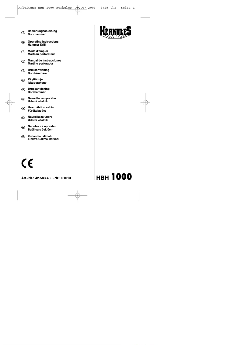 Page 1 de la notice Manuel utilisateur Herkules HBH 1000