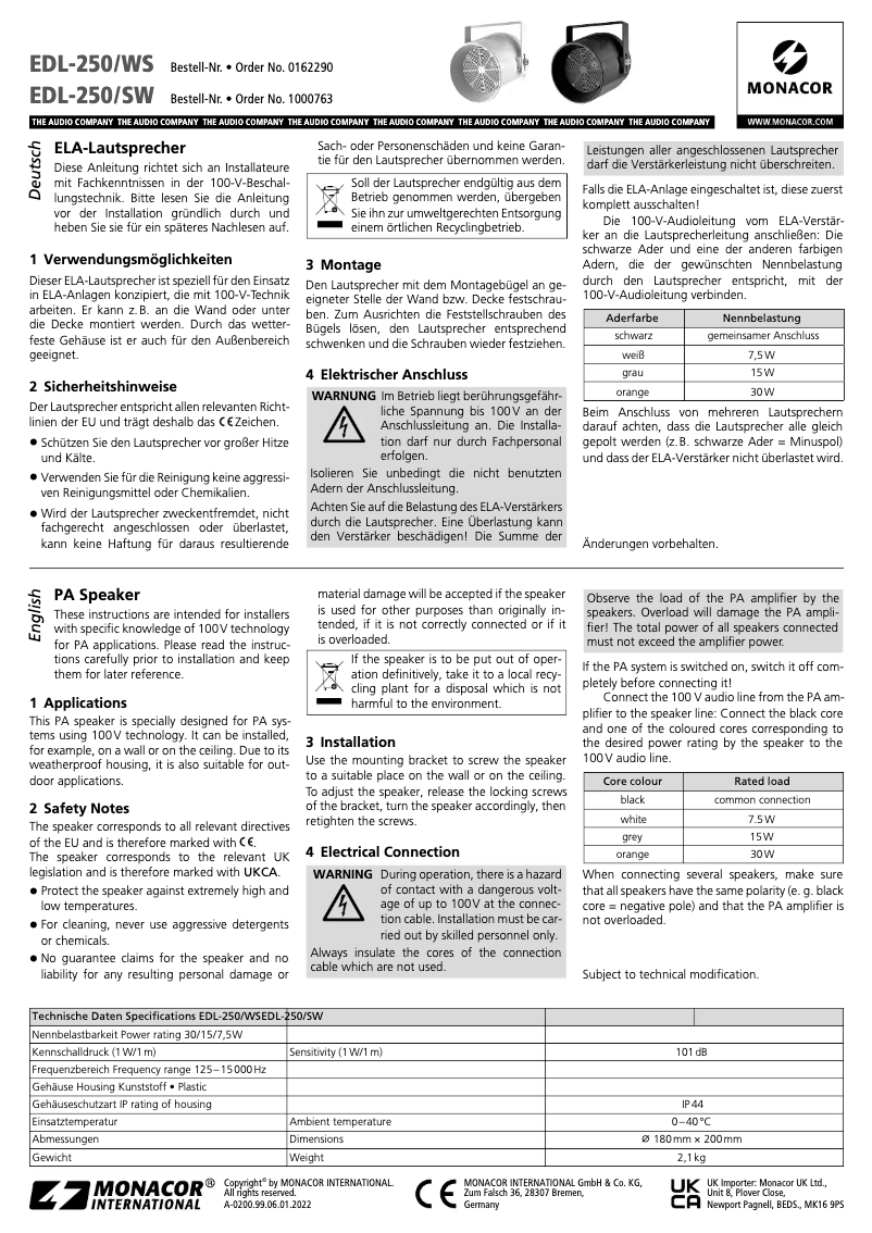 Page 1 de la notice Manuel utilisateur Monacor EDL-250/SW